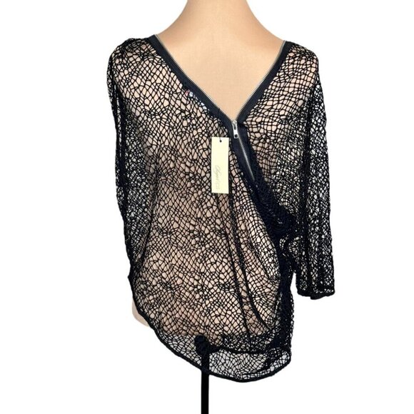 NWT Sugar Lips Black Mesh Fishnet Top Sz.S One Sleeve Sheer Zipper Grunge Goth - Picture 4 of 10